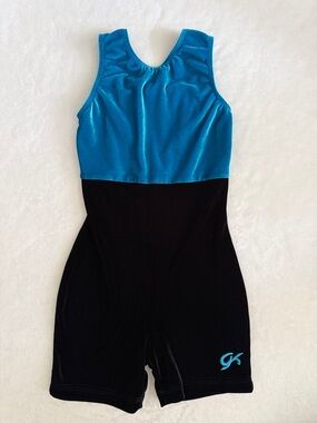 GK Elite | Velour Bow Back Cutout Gymnastics Biketard Leotard Blue/Black (CL)